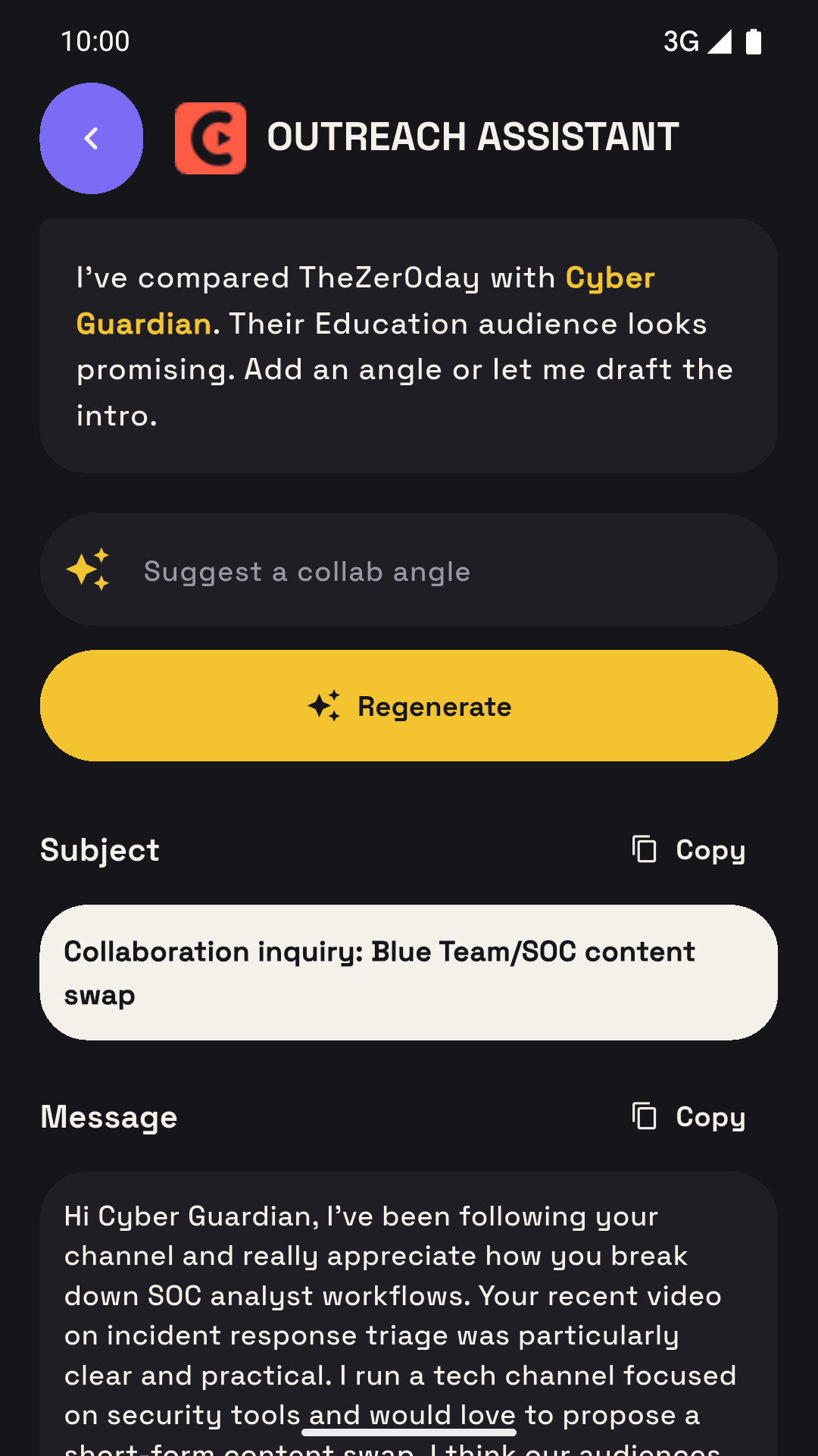 Personalized creator outreach draft in Cohyve