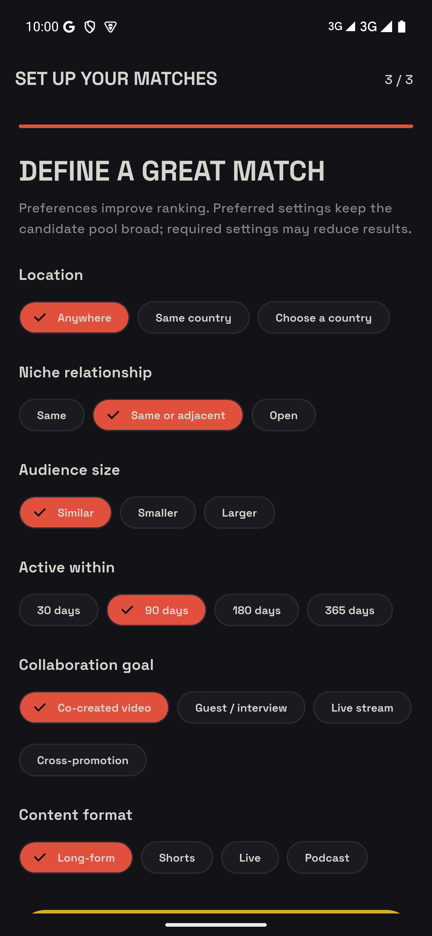 Cohyve match preferences for location, niche, audience, and collaboration goals